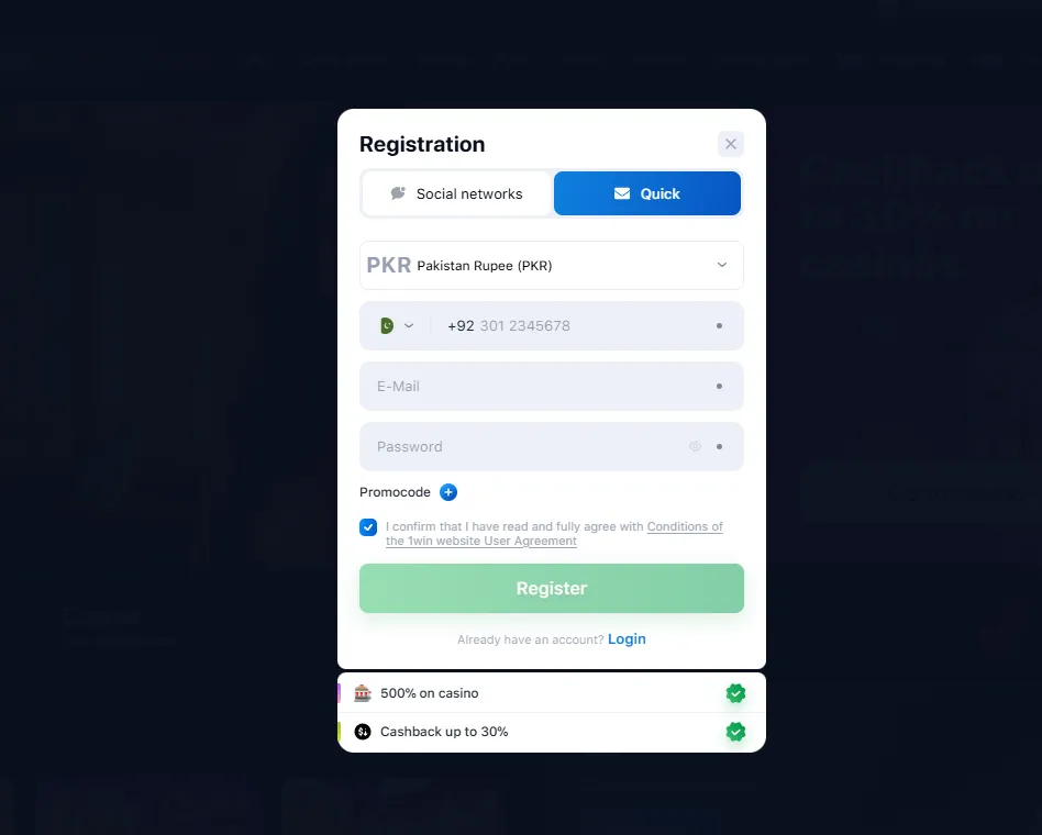 registration and login in 1win casino app